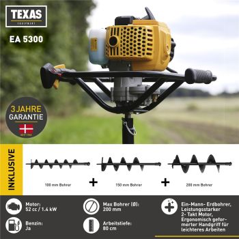 TEXAS Erdbohrer Erdlochbohrer Benzin Pfahlbohrer Erdbohrgerät EA5300 52ccm 1,9PS  