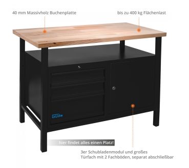 Güde Werkbank P 1200 SLT Black Line 1190 x 650 x 850 mm, Robuste Profi-Qualität 