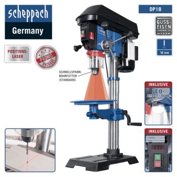 Scheppach Ständerbohrmaschine DP18 Tischbohrmaschine Säulenbohrmaschine Laser Gusseisen|550W|Schnellspann bis 16mm|stufenlos regelbar