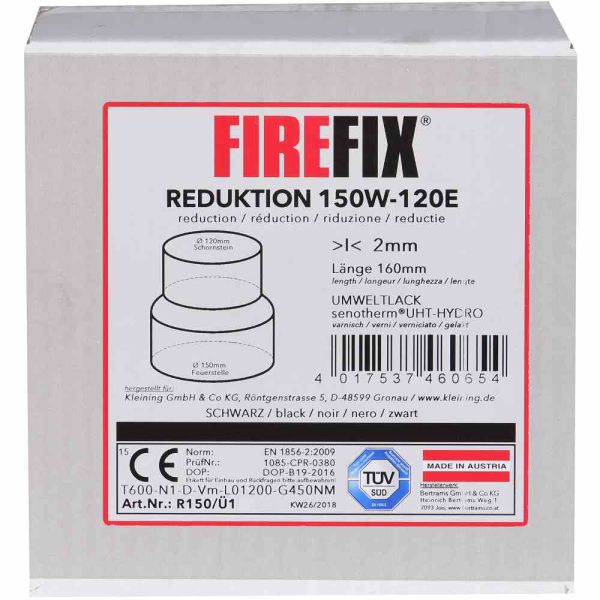 FIREFIX Reduzierung Ø150/120mm Wandanschluss, Reduktion, Rauchrohr schwarz 