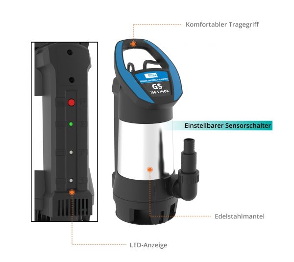 GÜDE Schmutzwasser Tauchpumpe Gartenpumpe Teichpumpe GS750.1 INOX 230V 10m Kabel 