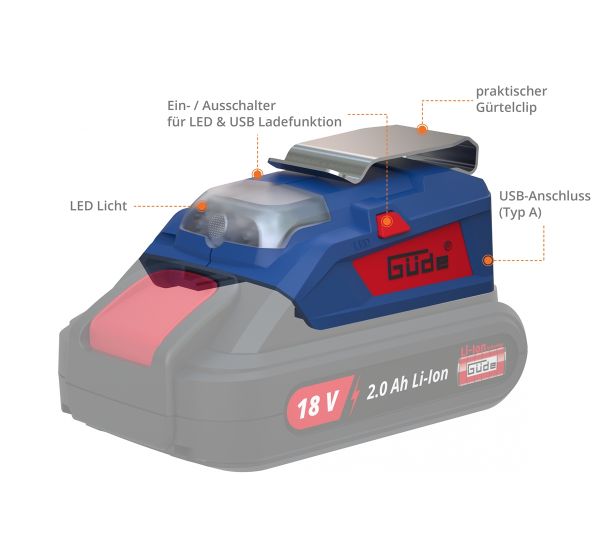 GÜDE Akku USB-Adapter und Licht Powerbank Powerbankadapter UAL 18-0 ohne Akku 