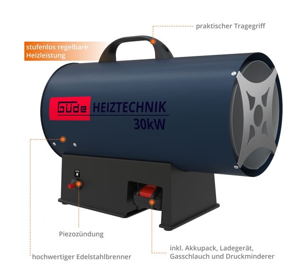 GÜDE Akku Gasheizgebläse GH 18-201-05 Heizer Heizlüfter 30 kW tragbar inkl Akku 