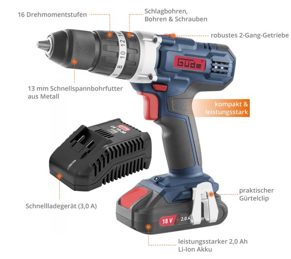 GÜDE Schlagbohrschrauber Bohrmaschine Akkuschrauber BSB 18-201-30K inkl Akku 