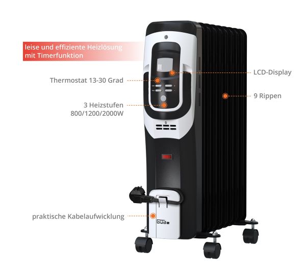 GÜDE Ölradiator 2000 Watt OR 2500-9 DT mobile Heizung Heizer LCD Display Timer 