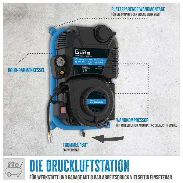 GÜDE Wandkompressor 160/08/2 ST 8 bar Kompressor Druckluft Wandmontage 1100 Watt 
