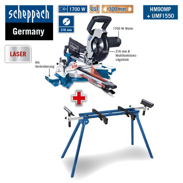 Scheppach Kappsäge Gehrungssäge HM90MP SET mit Untergestell Sägetisch UMF1550 