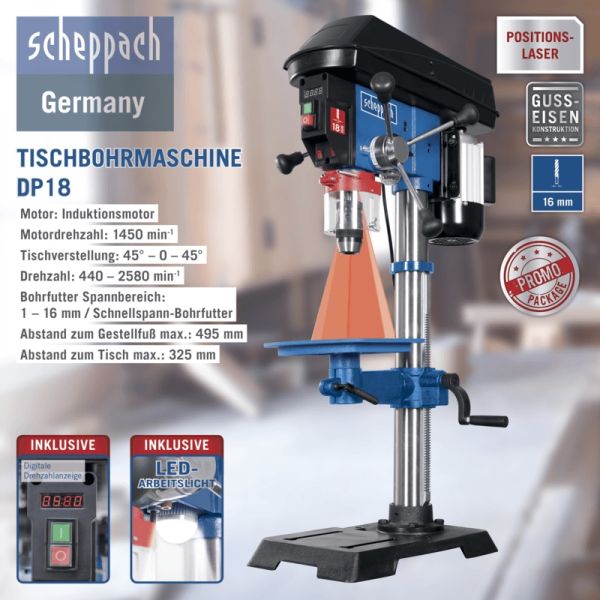 Scheppach Ständerbohrmaschine DP18 Tischbohrmaschine Säulenbohrmaschine Laser Gusseisen|550W|Schnellspann bis 16mm|stufenlos regelbar