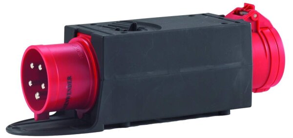 HEDI AK3216F Drehstrom-Adapterstecker mit robustem Kunststoffgehäuse, Drehstromausführung 400 V, Eingang Phasenwendestecker CEE 5x32 A, Ausgang CEE 5x16 A mit eingebauten Sicherungen