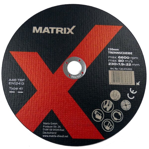 MATRIX Trennscheibe 5 Stück Schleifscheibe 230 x 1,90 x 22 mm A46TBF EN12413