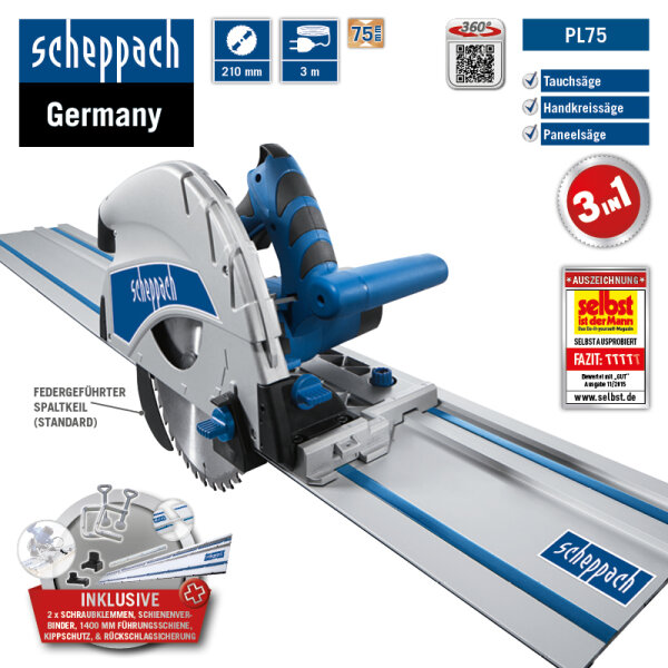 SCHEPPACH Handkreissäge Tauchsäge mit Führungsschiene PL75 Kreissäge und Zubehör