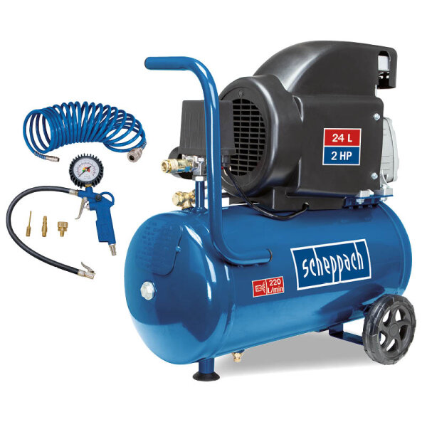 Scheppach 8bar Druckluft Kompressor HC26 Set 24L mit Spiralschlauch Reifenfüller *2.WAHL*