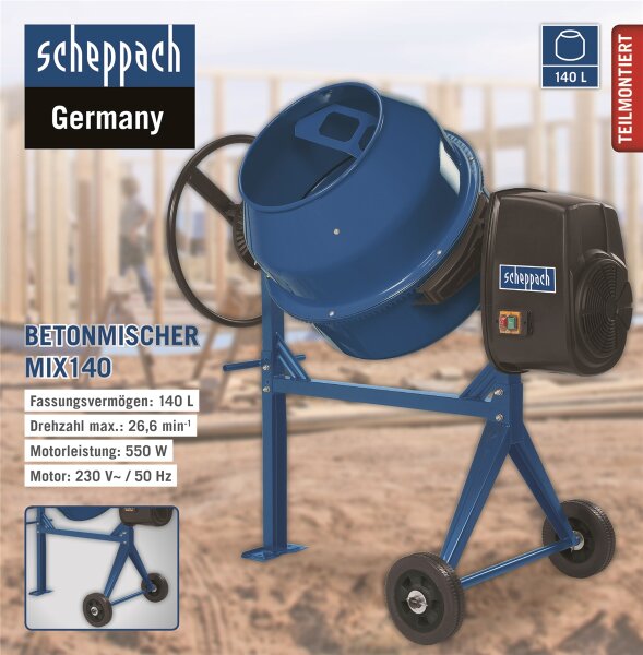Scheppach Betonmischer Mix 140 L Mörtelmischer Zementmischer Betonmischmaschine