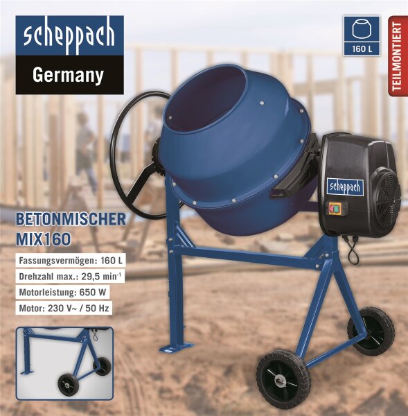 Scheppach Betonmischer Mix 160 L Mörtelmischer Zementmischer Betonmischmaschine