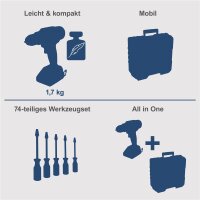 Scheppach Akkuschrauber mit Akku 20V Werkzeugkoffer mobile Werkstatt C-DTB74/1-X