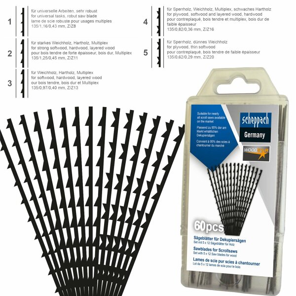 SCHEPPACH Sägeblätter 60 Stk für Dekupiersäge ohne Querstift 130x75x16 *2.WAHL*