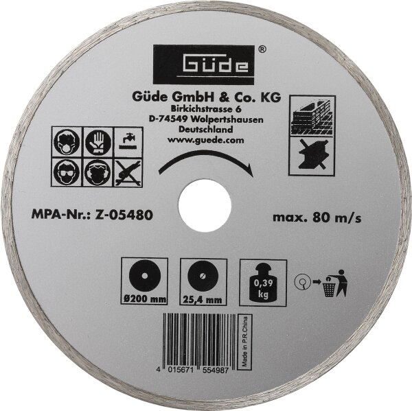 GÜDE Diamanttrennscheibe 200 x 25,4 mm Trennscheibe für Fliesenschneider RFS 200