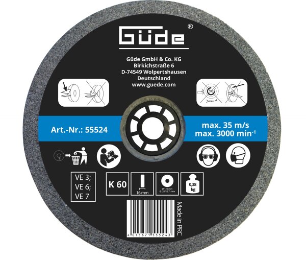 GÜDE Schleifscheibe Ersatzscheibe 125x16x20mm K60 für Doppelschleifer GDS 125-12