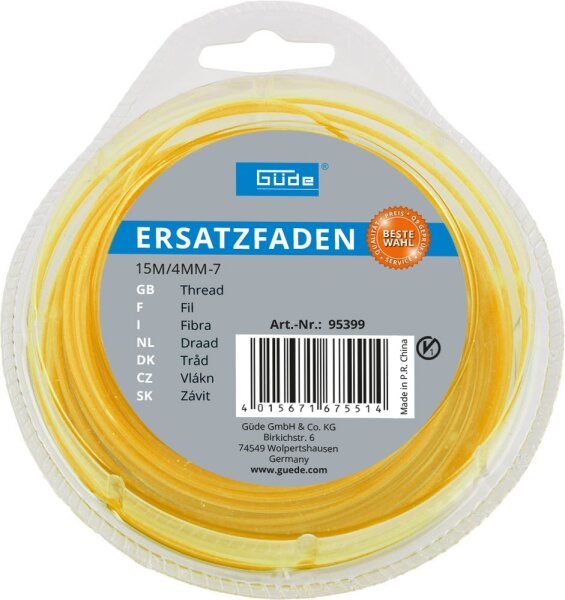 GÜDE Ersatzfaden Mähfaden Fadenspule 15 m/4 mm 7-kant passend für Wiesenmäher