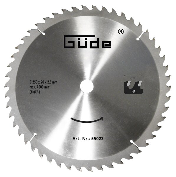 GÜDE Holzsägeblatt HM 250x20 mm - 50 Zähne - Ersatzblatt Sägeblatt