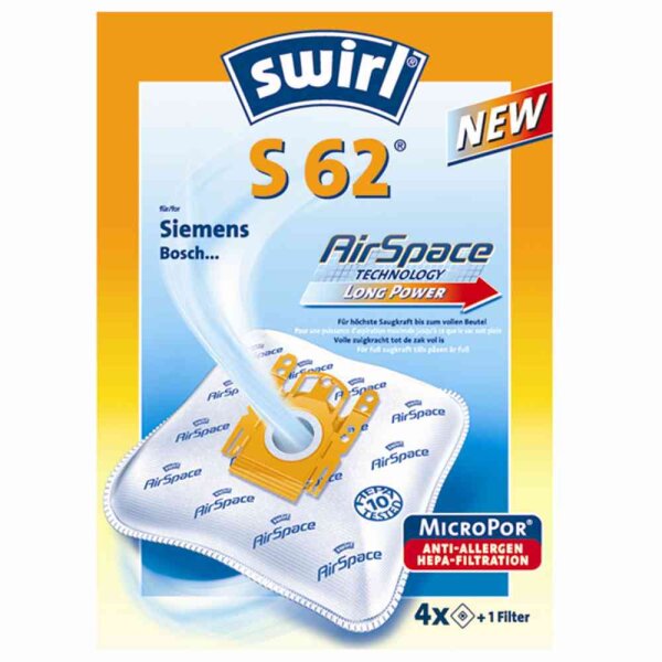 Swirl S 62 MicroPor Plus Staubsaugerbeutel für Siemens, Bosch, 4 Stück + Filter