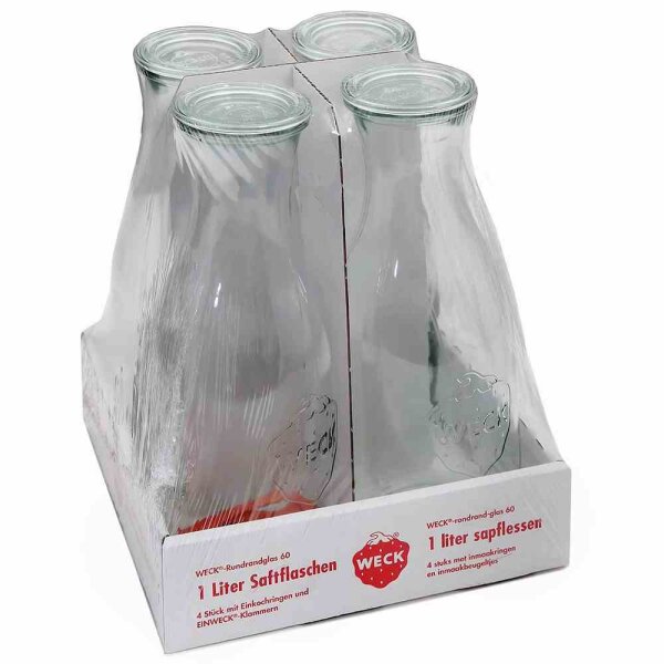 WECK 4T-766 Saftflasche 1062 ml 4er-Set 250mm mit Glasdeckel, Ringen, Klammern