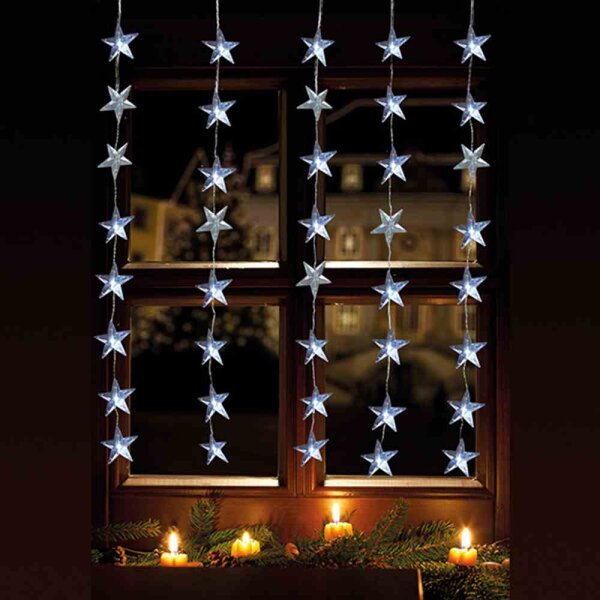 FHS LED-Vorhang 1 x 1,2 m, 5 Stränge x 8 Stern-Ornamente IP44 Außenadapter