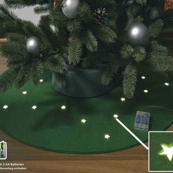 FHS Filzteppich für Weihnachtsbaum Ø 90 cm, grün, 20 LED, Batterie mit Timer